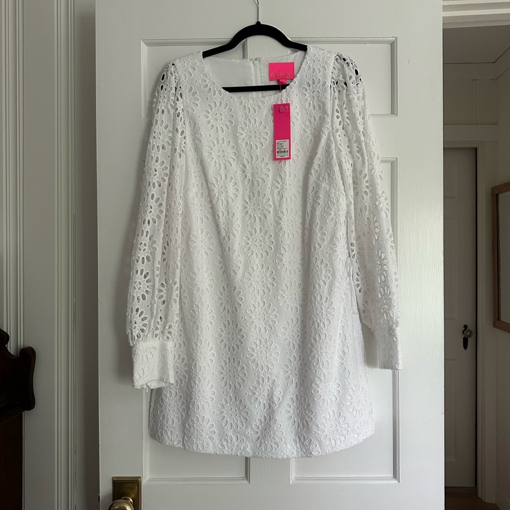 Lilly Pulitzer White Eyelet Lace Long Sleeve Romper with Floral Cutouts